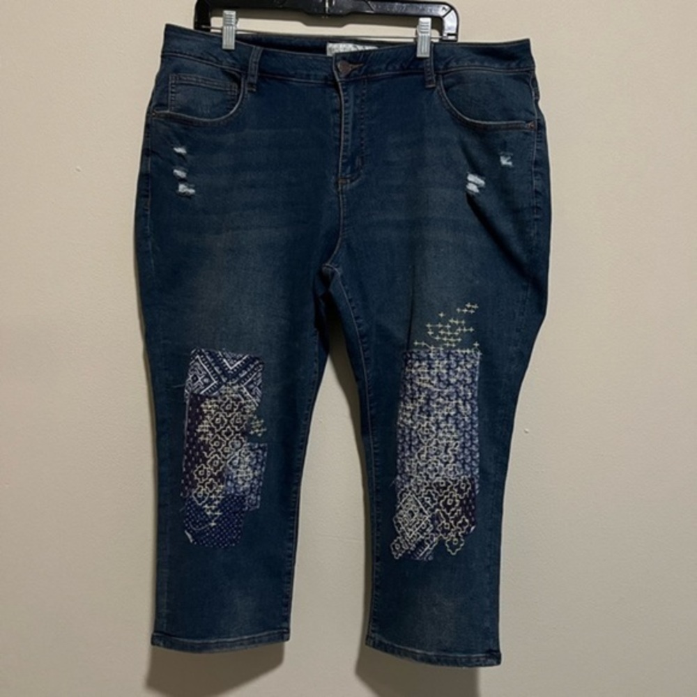 Cato Est. 1946 Denim Distressed Hi Rise Cropped Jeans with patches & embroidery